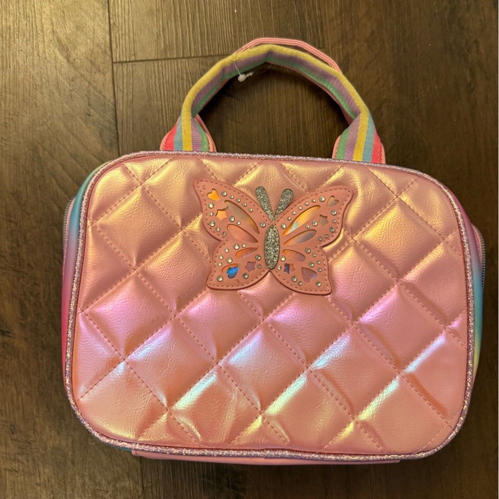 Quilted Pink Butterfly Handbag with Rainbow Handles 2 lunch boxes for school